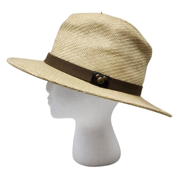 Disney Accessories - Disney Woven Fedora Panama Hat Adult Size Micky Mouse Metal Logo Brown Belt Trim